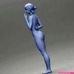 Naked woman standing hand resting on her back speaking into a radio
