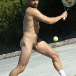 Nude guy playing tennis